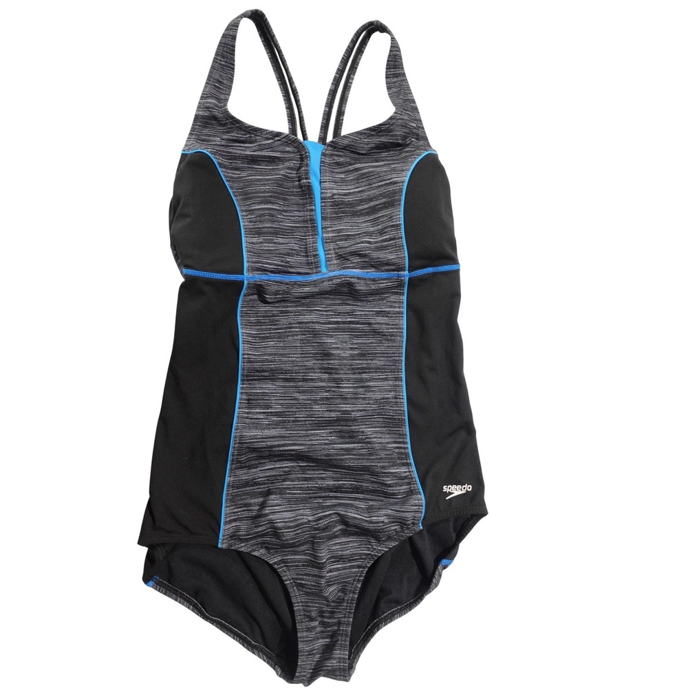 Speedo One Piece Swimsuit Womens 14 Gray Black Endurance Lite Padded Racerback